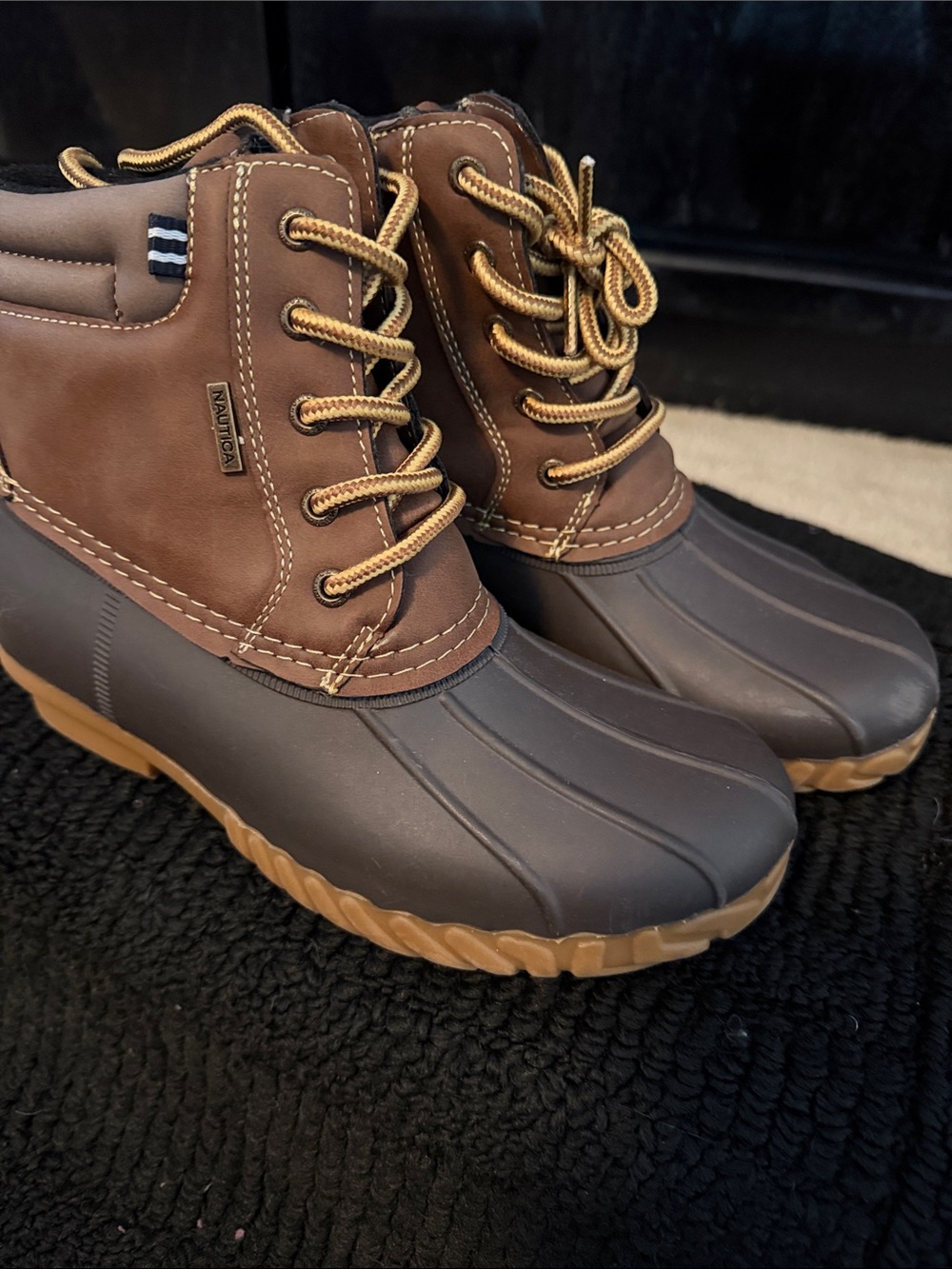 Nautica Brown and Dark Gray Waterproof Duck Boots with Tan Laces